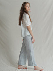 Short Sleeve Linen Shirt with Puff Sleeves and Textured Weave for Elegant Summer Styling
