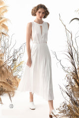 Sleeveless Pleated Silk Dress with Keyhole Neckline and A-Line Skirt