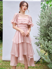 Audrey Square Neck Short Sleeves Layered Midi Dress