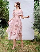 Audrey Square Neck Short Sleeves Layered Midi Dress