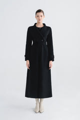 Wool wrap-style long coat with wide lapels, waist belt, and full button front closure