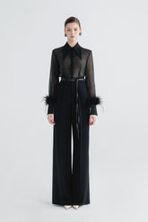 Sheer Tailored Shirt with Feather Cuff Detailing and Statement Collar
