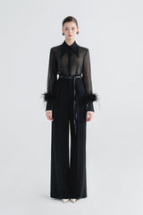 Sheer Tailored Shirt with Feather Cuff Detailing and Statement Collar