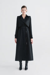 Double-Breasted Wool Blend Trench Coat with Epaulettes and Detachable Belted Waist