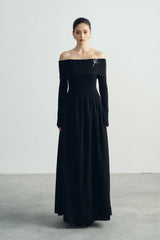 Off-Shoulder Fitted Bodice Long Sleeve Dress In Soft Textured Crepe With Gathered Maxi Skirt