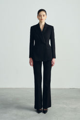 Structured Wool Blend Blazer with Sculpted Waist and Double-Breasted Closure