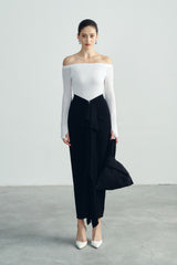 Draped Waist Crepe Maxi Skirt with Front Ruffle Detail and Streamlined Fit