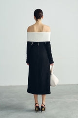 Off-Shoulder Midi Dress with Structured Bodice and Tailored Long Sleeves