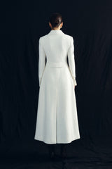 Textured wool blend double-breasted long coat with structured tailoring