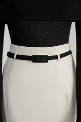 High-waisted midi pencil skirt with contrast waistband and elegant tailored silhouette