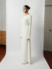 Backless Draped Evening Dress with Pearl Chain Detail and Flared Hem Silhouette