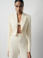 Textured wool-blend cropped jacket with peak lapels and structured shoulder tailoring
