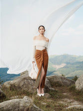 Satin draped high-slit skirt with ruched waist and asymmetric layered detailing