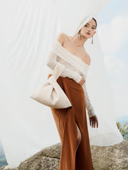 Off-shoulder knit top in lightweight ribbed fabric with long sleeves and elegant drape