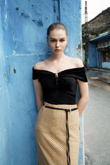 Off Shoulder Knit Top with Draped Bodice and Statement Twist Detail at Bust