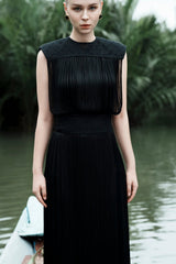 Sleeveless Fringe Midi Dress with Hand-Knit Accents and Figure-Defining Stretch Waistband