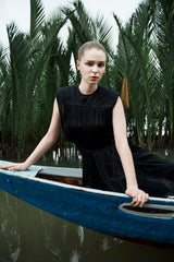 Sleeveless Fringe Midi Dress with Hand-Knit Accents and Figure-Defining Stretch Waistband