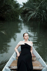 Stretch Crepe Off-Shoulder Gown With Draped Neckline And Floor-Length Silhouette