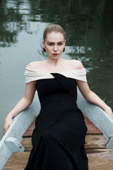 Stretch Crepe Off-Shoulder Gown With Draped Neckline And Floor-Length Silhouette