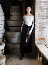 Off-Shoulder Stretch Knit Top with Long Sleeves and Structured Fold-Over Neckline