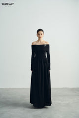 Off-Shoulder Fitted Bodice Long Sleeve Dress In Soft Textured Crepe With Gathered Maxi Skirt