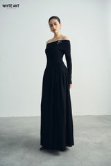 Off-Shoulder Fitted Bodice Long Sleeve Dress In Soft Textured Crepe With Gathered Maxi Skirt