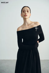 Off-Shoulder Fitted Bodice Long Sleeve Dress In Soft Textured Crepe With Gathered Maxi Skirt