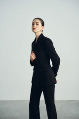 Structured Wool Blend Blazer with Sculpted Waist and Double-Breasted Closure
