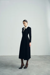 Structured Crepe Midi Dress with Contrast Pointed Collar and Long Sleeve Design