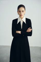 Structured Crepe Midi Dress with Contrast Pointed Collar and Long Sleeve Design