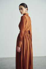 Long-Sleeve Belted Shirt Dress with Structured Cuffs and Gathered Full-Length Skirt
