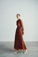 Long-Sleeve Belted Shirt Dress with Structured Cuffs and Gathered Full-Length Skirt