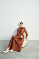Long-Sleeve Belted Shirt Dress with Structured Cuffs and Gathered Full-Length Skirt