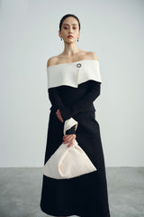 Off-Shoulder Midi Dress with Structured Bodice and Tailored Long Sleeves