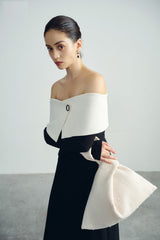 Off-Shoulder Midi Dress with Structured Bodice and Tailored Long Sleeves