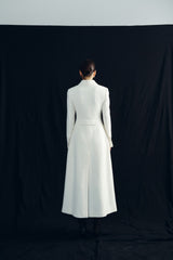 Textured wool blend double-breasted long coat with structured tailoring