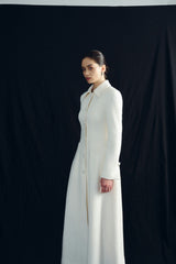 Textured wool blend double-breasted long coat with structured tailoring