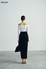 Draped Waist Crepe Maxi Skirt with Front Ruffle Detail and Streamlined Fit