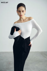 Draped Waist Crepe Maxi Skirt with Front Ruffle Detail and Streamlined Fit