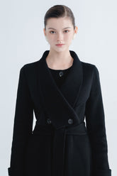 Wool wrap-style long coat with wide lapels, waist belt, and full button front closure