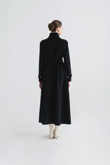 Wool wrap-style long coat with wide lapels, waist belt, and full button front closure