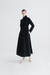 Wool wrap-style long coat with wide lapels, waist belt, and full button front closure