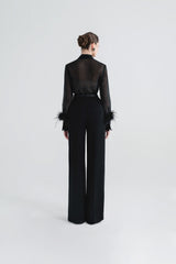 Sheer Tailored Shirt with Feather Cuff Detailing and Statement Collar