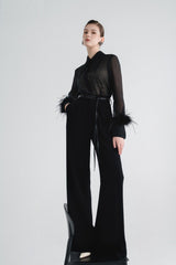 Sheer Tailored Shirt with Feather Cuff Detailing and Statement Collar