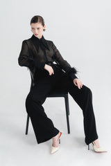Sheer Tailored Shirt with Feather Cuff Detailing and Statement Collar