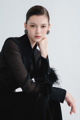 Sheer Tailored Shirt with Feather Cuff Detailing and Statement Collar
