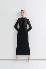 Sheer feather cuff shirt with pointed collar and button-down front