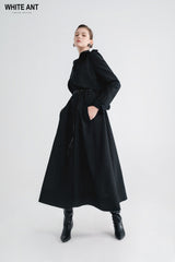 Double-Breasted Wool Blend Trench Coat with Epaulettes and Detachable Belted Waist