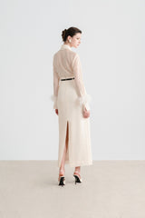 Textured wool-blend midi skirt with high waist and tailored silhouette for refined style