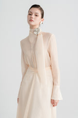 Elegant Midi Dress with High Neck Scarf Detail and Waist Tie Silhouette